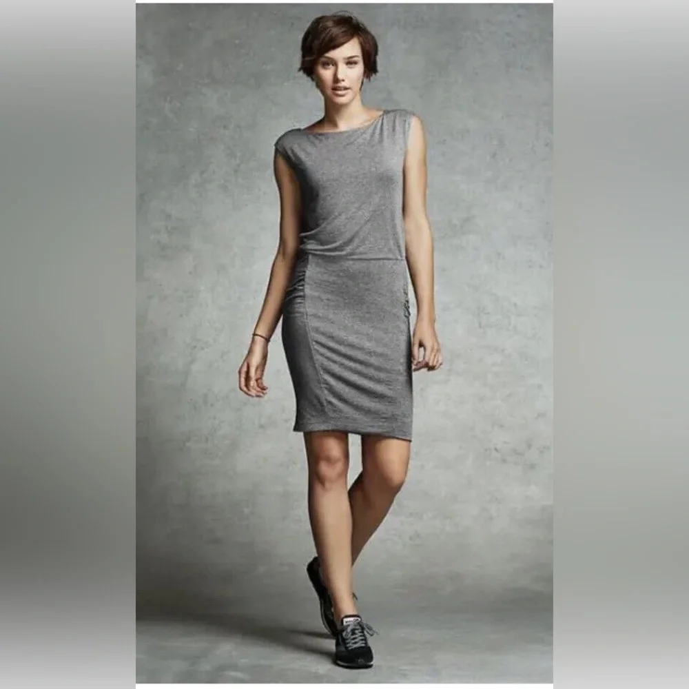 Athleta Gray Micro Stripe Westwood Dress Ruched Sleeveless